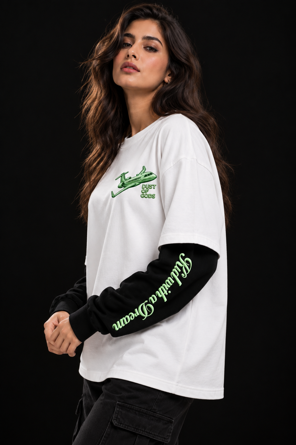 Kid with a Dream Oversized Doctor Sleeve Unisex T-Shirt by DUSTOFGODS, white oversized tee styled on a model with green airplane chest graphic and black sleeves.