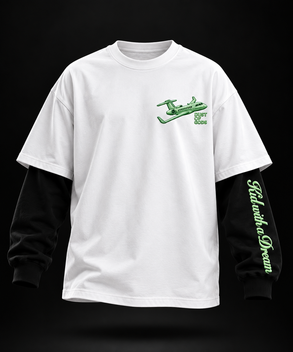 Kid with a Dream Oversized Doctor Sleeve Unisex T-Shirt by DUSTOFGODS, detailed front view of the green airplane chest graphic on the white tee.