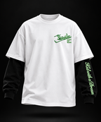 Kid with a Dream Oversized Doctor Sleeve Unisex T-Shirt by DUSTOFGODS, detailed front view of the green airplane chest graphic on the white tee.