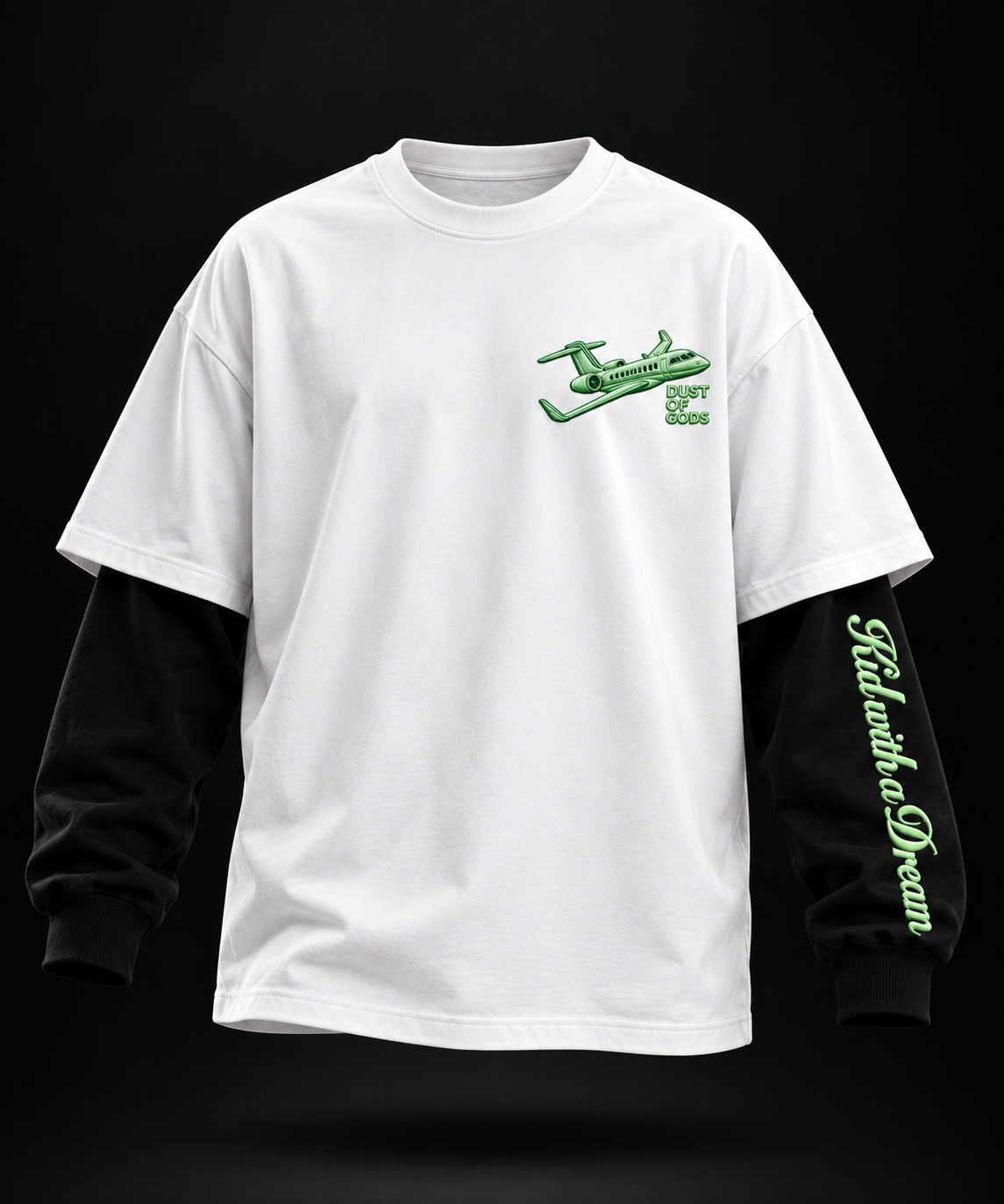 Kid with a Dream Oversized Doctor Sleeve Unisex T-Shirt by DUSTOFGODS, detailed front view of the green airplane chest graphic on the white tee.