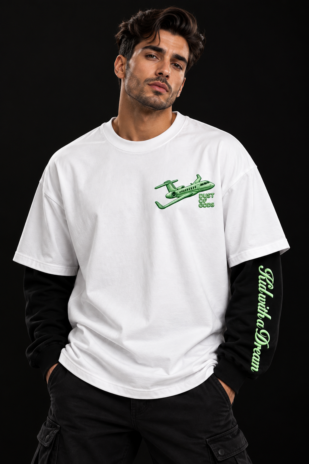 Kid with a Dream Oversized Doctor Sleeve Unisex T-Shirt by DUSTOFGODS, full white tee with black long sleeves, green airplane chest graphic and green sleeve lettering.