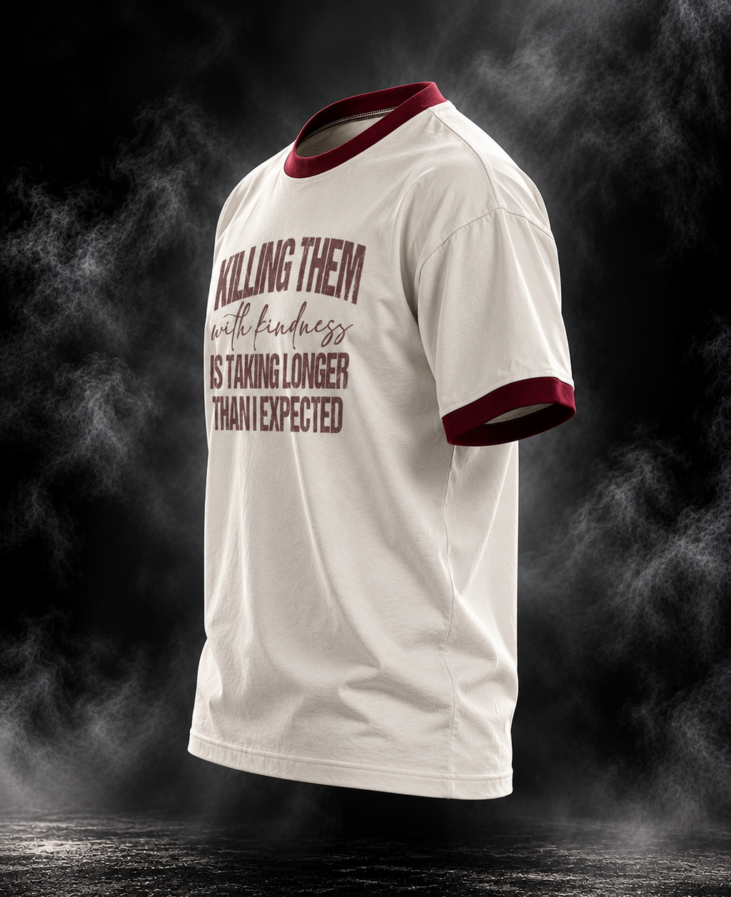 Kindness off-white maroon contrast rib unisex T-shirt front angled product view