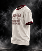 Kindness off-white maroon contrast rib unisex T-shirt front angled product view