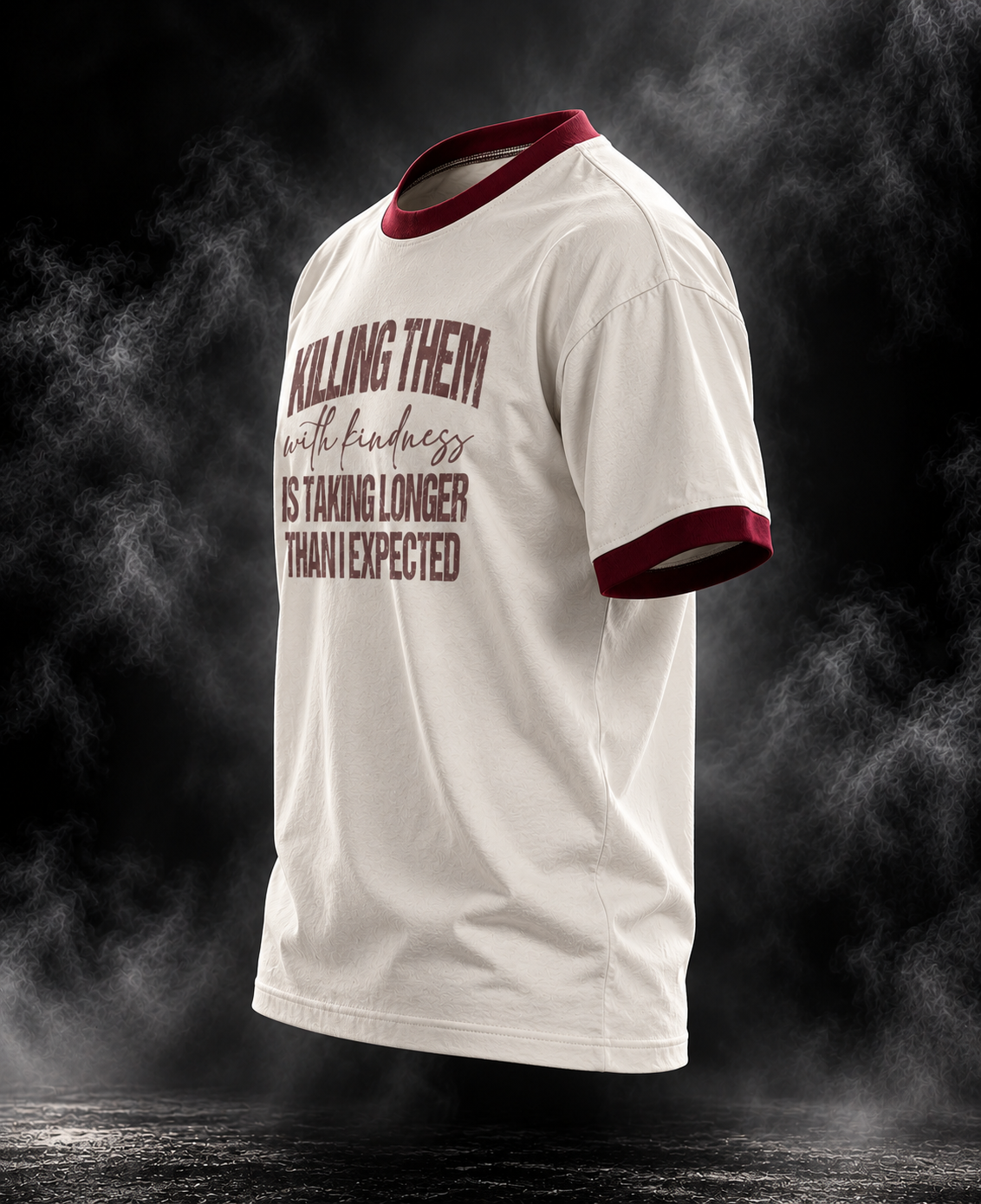 Kindness off-white maroon contrast rib unisex T-shirt front angled product view