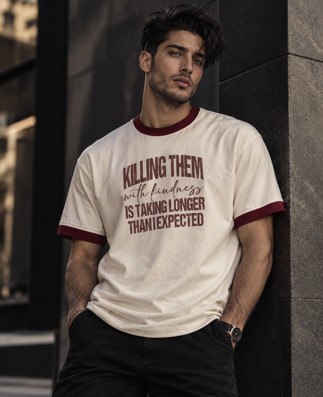 Kindness off-white maroon contrast rib unisex T-shirt worn in an urban streetwear setting