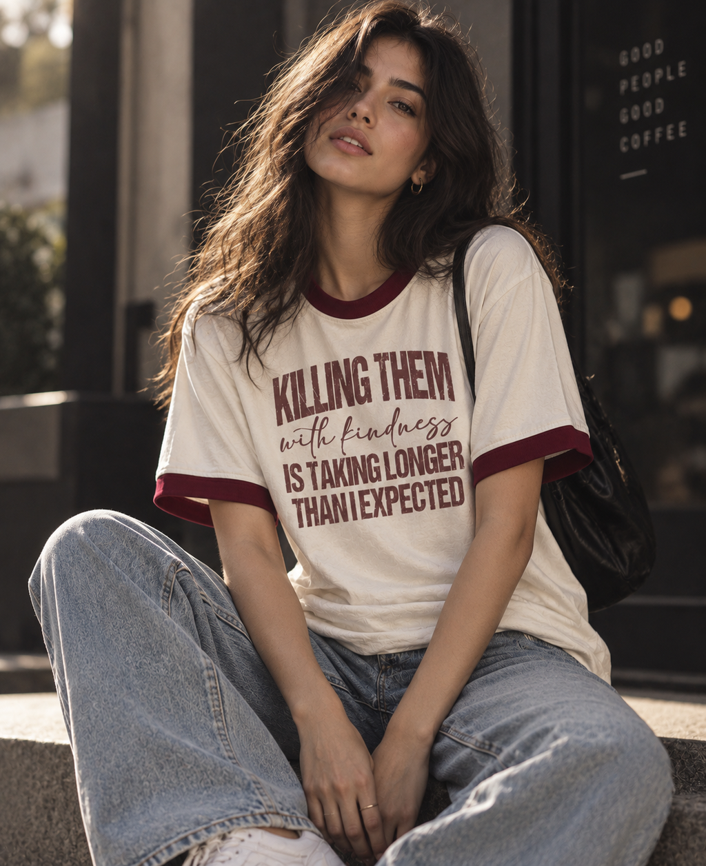 Kindness off-white maroon contrast rib unisex T-shirt worn in a casual streetwear outfit