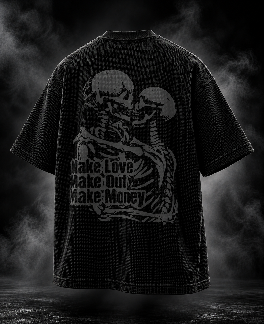 Make Out black waffle boxy fit unisex T-shirt back with skeleton couple graphic and make love make out make money text