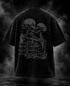 Make Out black waffle boxy fit unisex T-shirt back with skeleton couple graphic and make love make out make money text