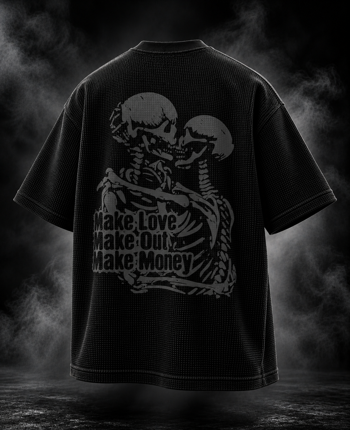 Make Out black waffle boxy fit unisex T-shirt back with skeleton couple graphic and make love make out make money text