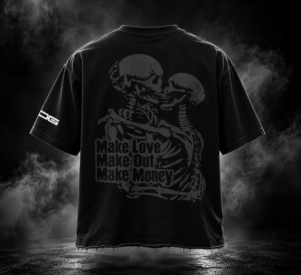 Make Out black boxy fit unisex T-shirt back with skeleton couple artwork and Make Love Make Out Make Money graphic
