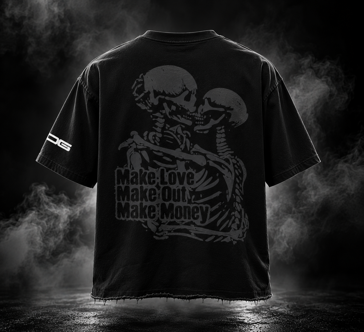 Make Out black boxy fit unisex T-shirt back with skeleton couple artwork and Make Love Make Out Make Money graphic