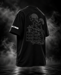 Make Out black boxy fit unisex T-shirt back and side view with skeleton artwork