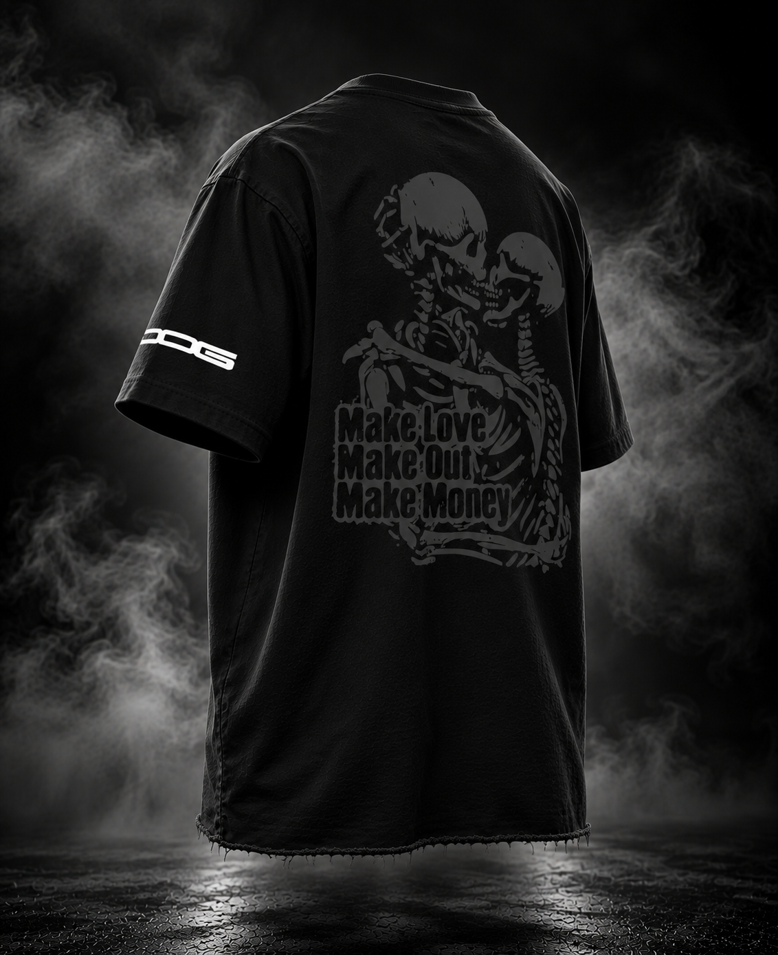 Make Out black boxy fit unisex T-shirt back and side view with skeleton artwork