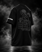 Make Out black boxy fit unisex T-shirt back and side view with skeleton artwork