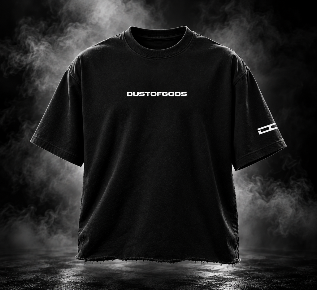 Make Out black boxy fit unisex T-shirt front with DUST OF GODS chest and sleeve graphics