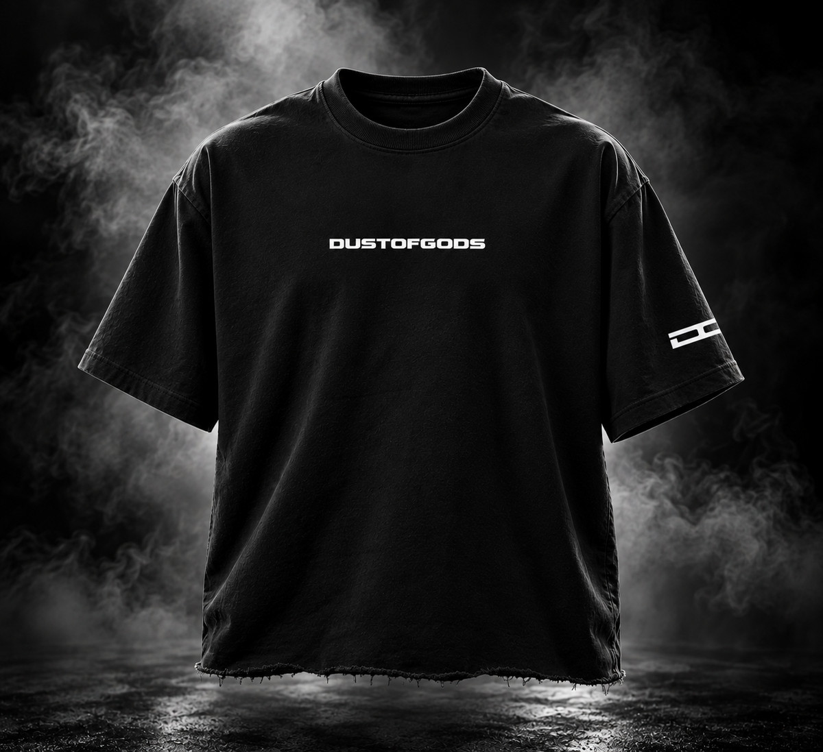 Make Out black boxy fit unisex T-shirt front with DUST OF GODS chest and sleeve graphics