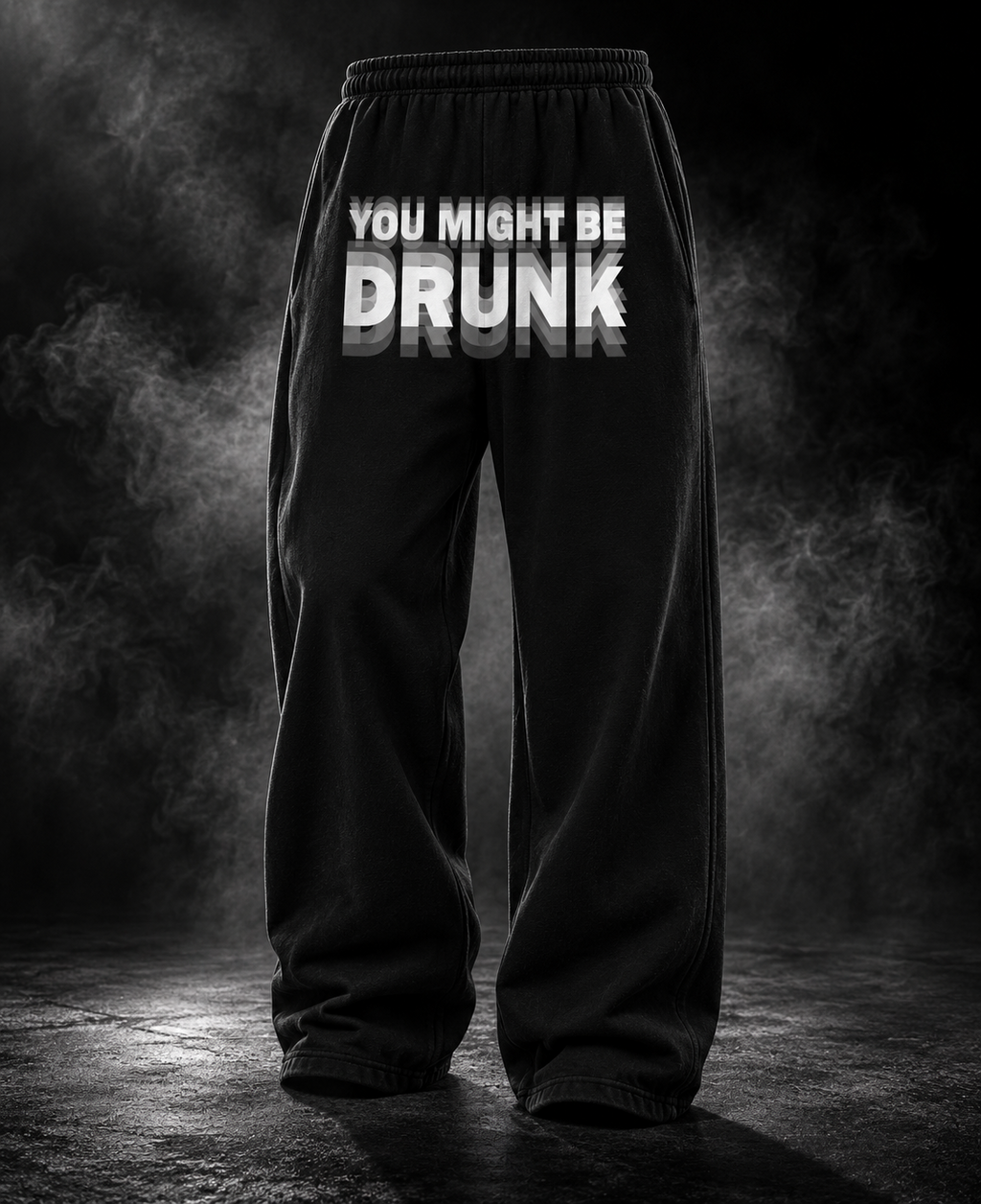 Might Be Drunk black heavyweight unisex PJs back view with bold YOU MIGHT BE DRUNK graphic