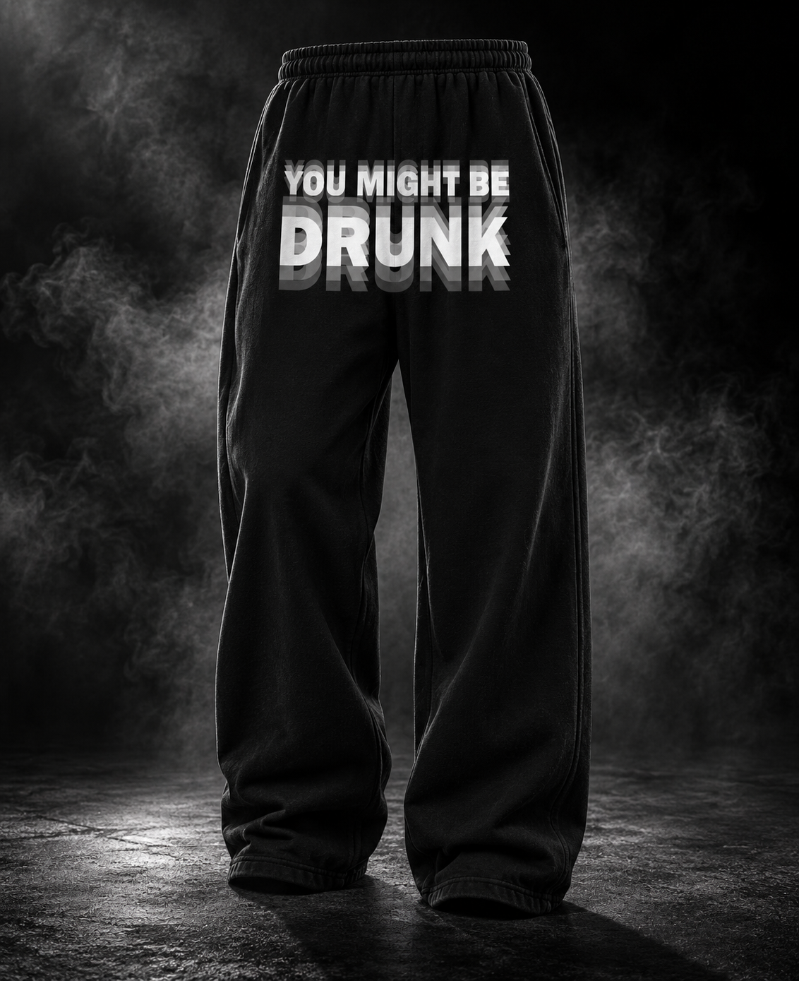 Might Be Drunk black heavyweight unisex PJs back view with bold YOU MIGHT BE DRUNK graphic