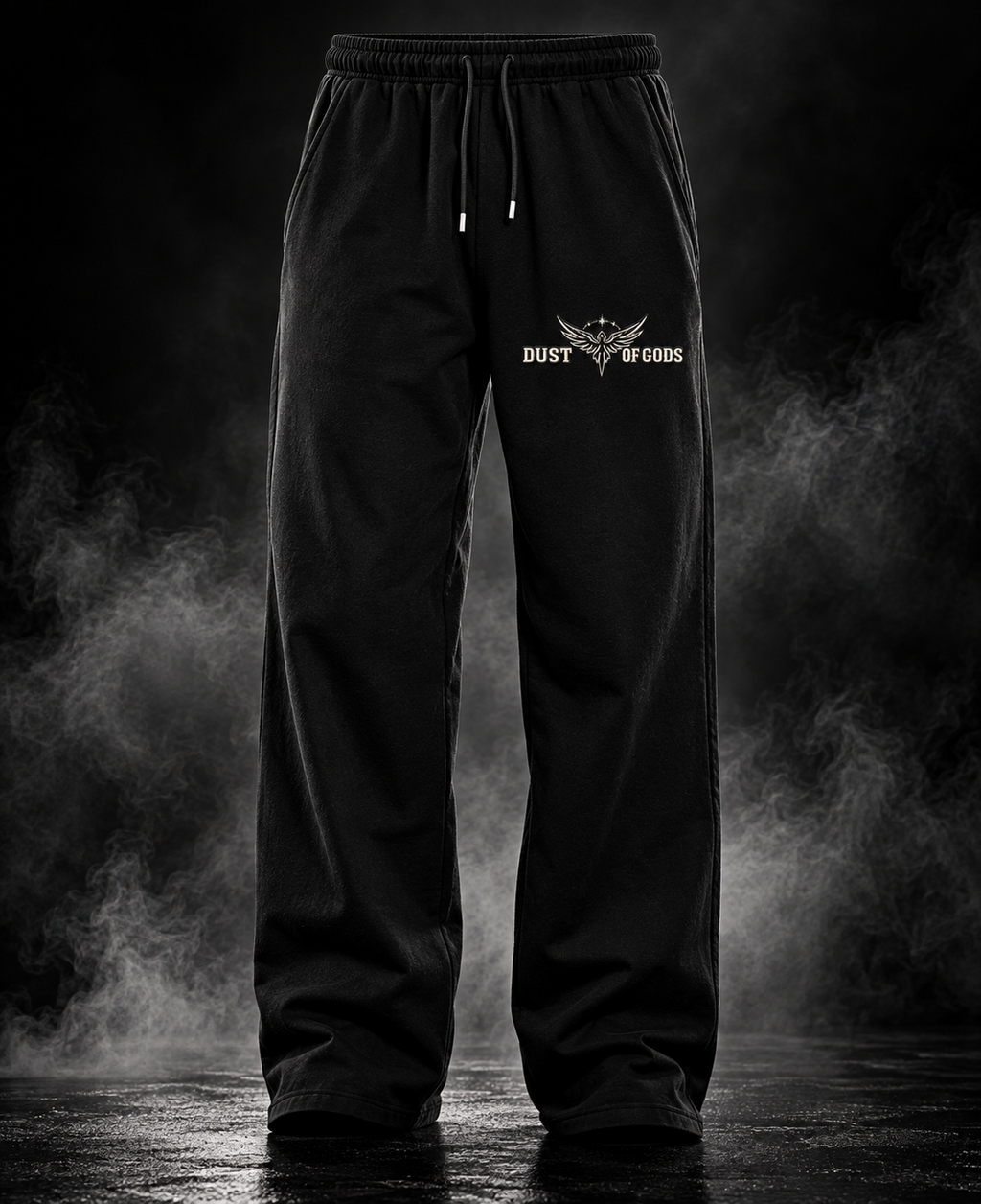 Might Be Drunk black heavyweight unisex PJs front view with DUST OF GODS winged logo