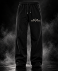Might Be Drunk black heavyweight unisex PJs front view with DUST OF GODS winged logo