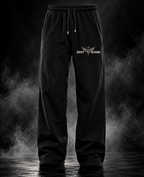 Might Be Drunk black heavyweight unisex PJs front view with DUST OF GODS winged logo