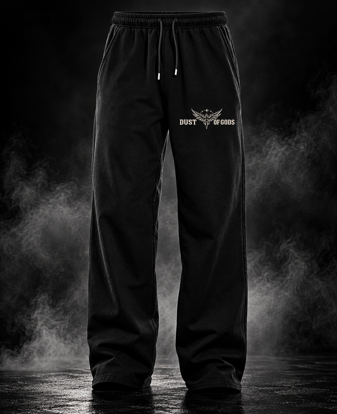 Might Be Drunk black heavyweight unisex PJs front view with DUST OF GODS winged logo