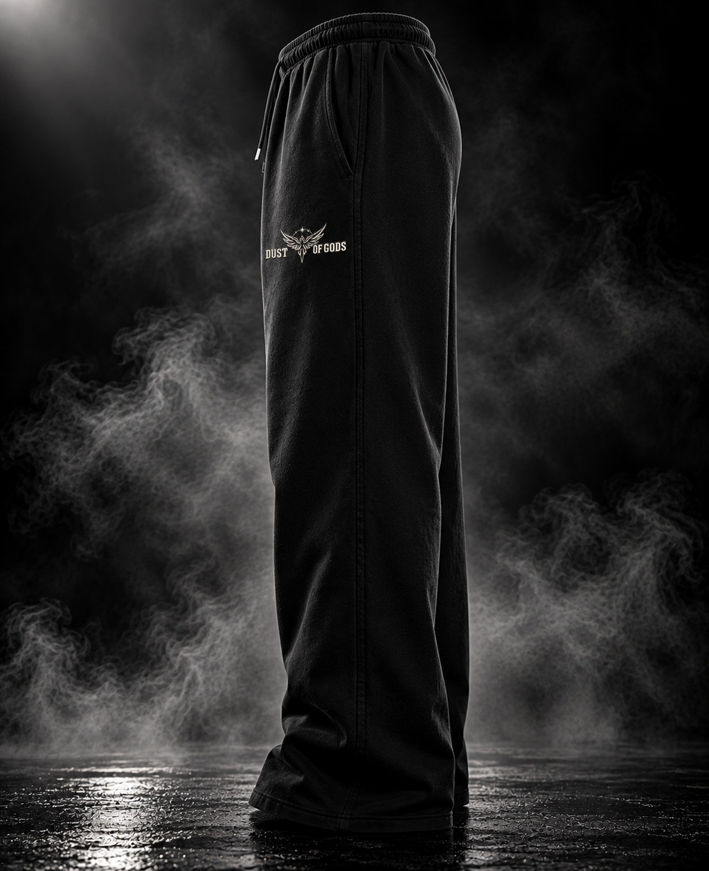 Might Be Drunk black heavyweight unisex PJs side view with DUST OF GODS winged logo