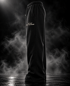 Might Be Drunk black heavyweight unisex PJs side view with DUST OF GODS winged logo