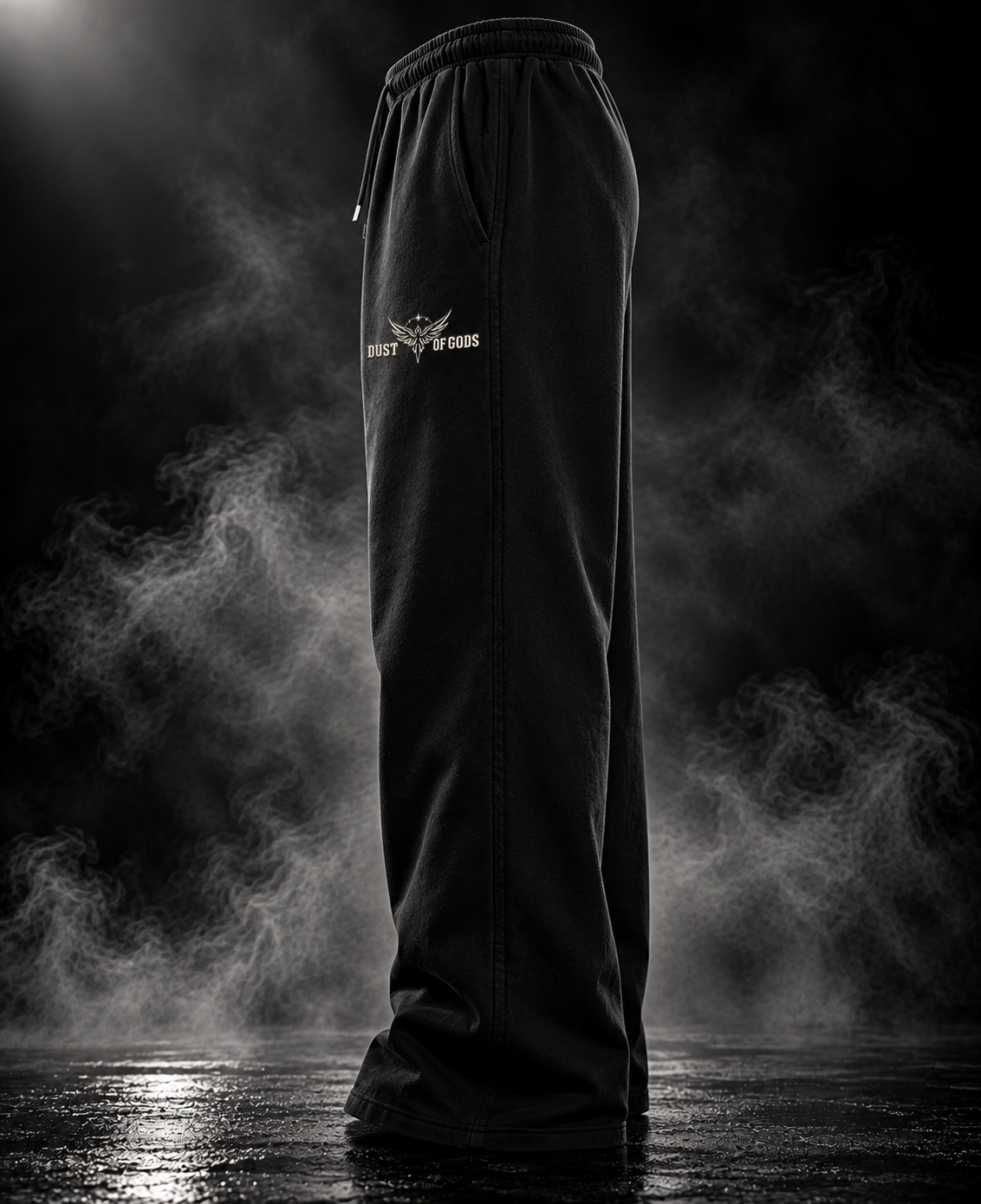 Might Be Drunk black heavyweight unisex PJs side view with DUST OF GODS winged logo