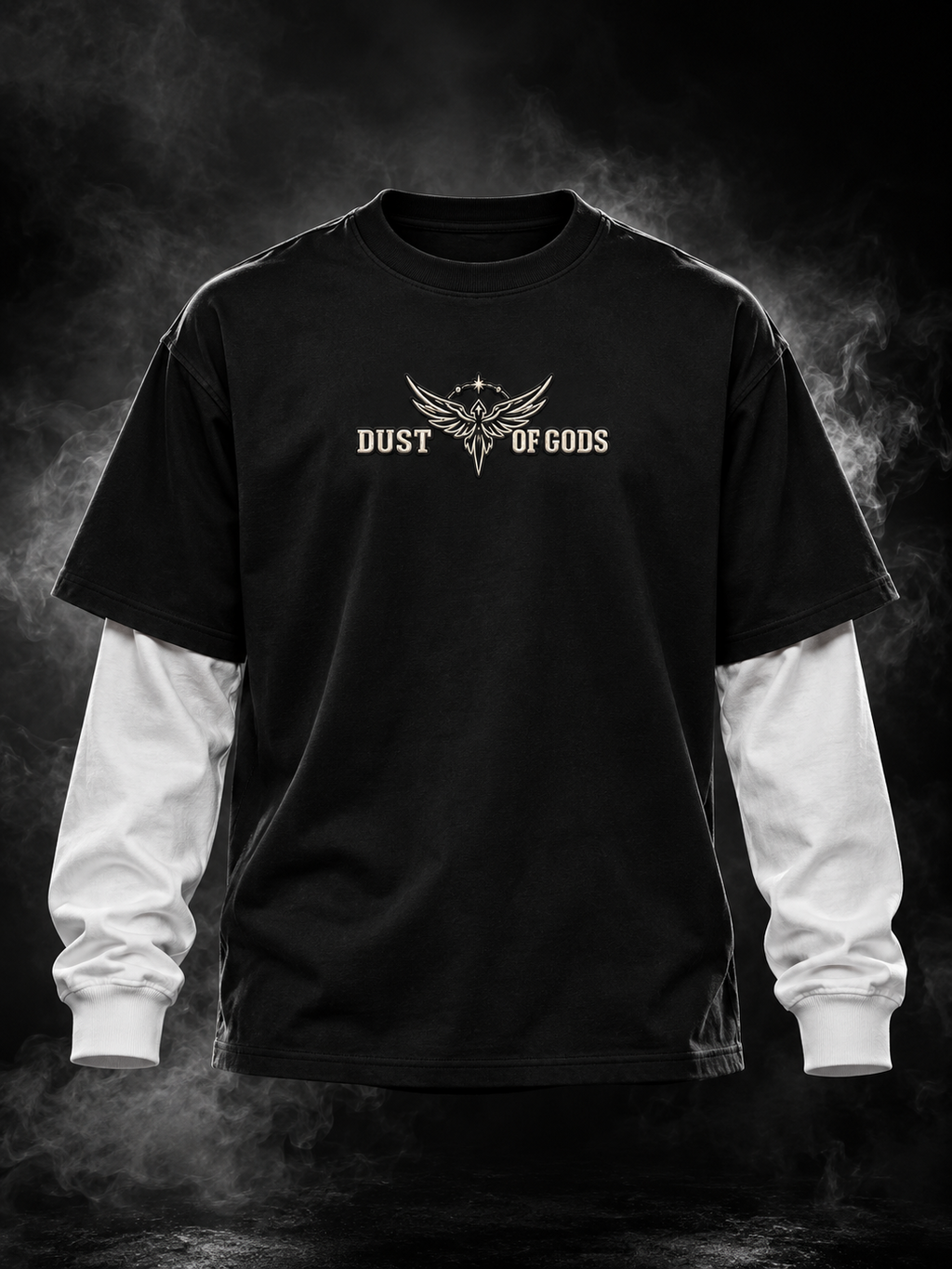 Might Be Drunk black oversized doctor sleeve unisex T-shirt front with DUST OF GODS winged emblem