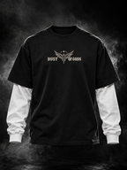 Might Be Drunk black oversized doctor sleeve unisex T-shirt front with DUST OF GODS winged emblem