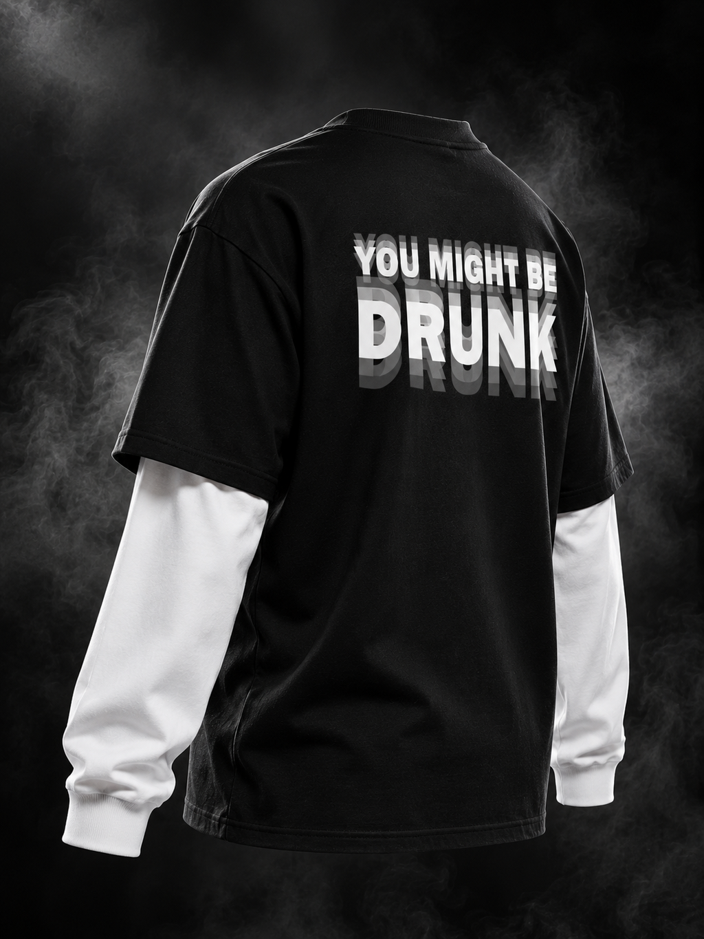 Might Be Drunk black oversized doctor sleeve unisex T-shirt three-quarter back view with white sleeves and bold back typography