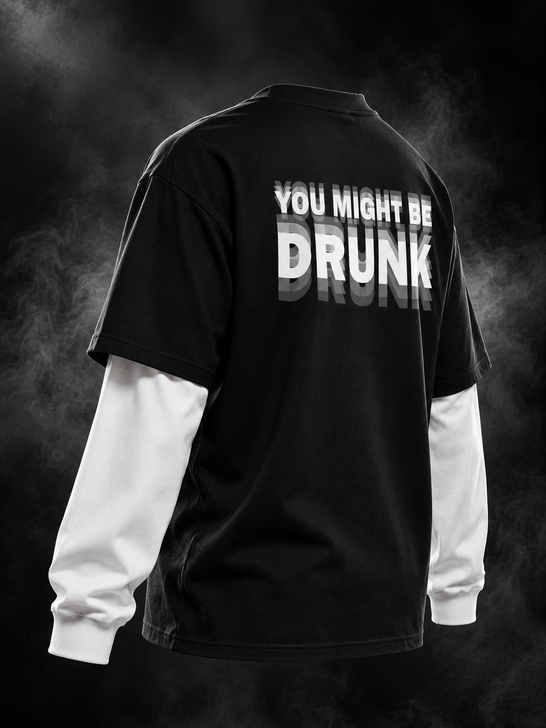 Might Be Drunk black oversized doctor sleeve unisex T-shirt three-quarter back view with white sleeves and bold back typography