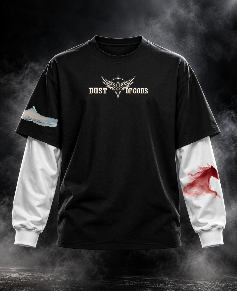 Move DUST OF GODS black oversized layered sleeve unisex t-shirt front with wing emblem and white sleeves