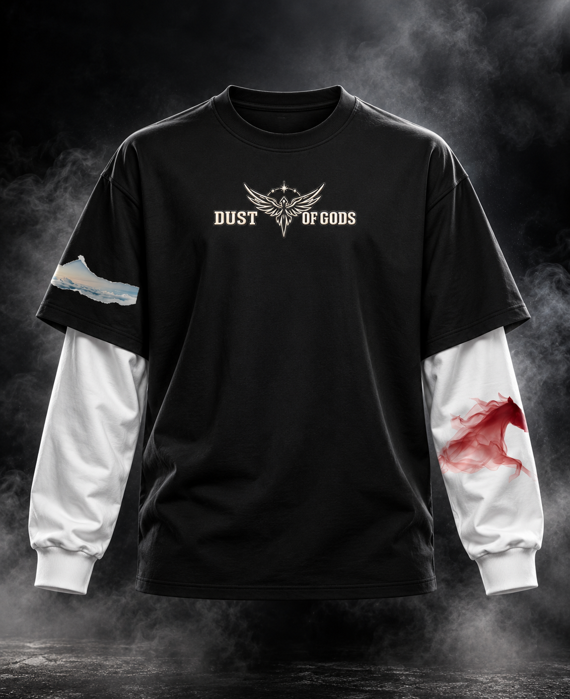 Move DUST OF GODS black oversized layered sleeve unisex t-shirt front with wing emblem and white sleeves