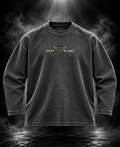 Originals acid wash charcoal oversized waffle unisex long sleeve T-shirt front with DUST OF GODS winged emblem