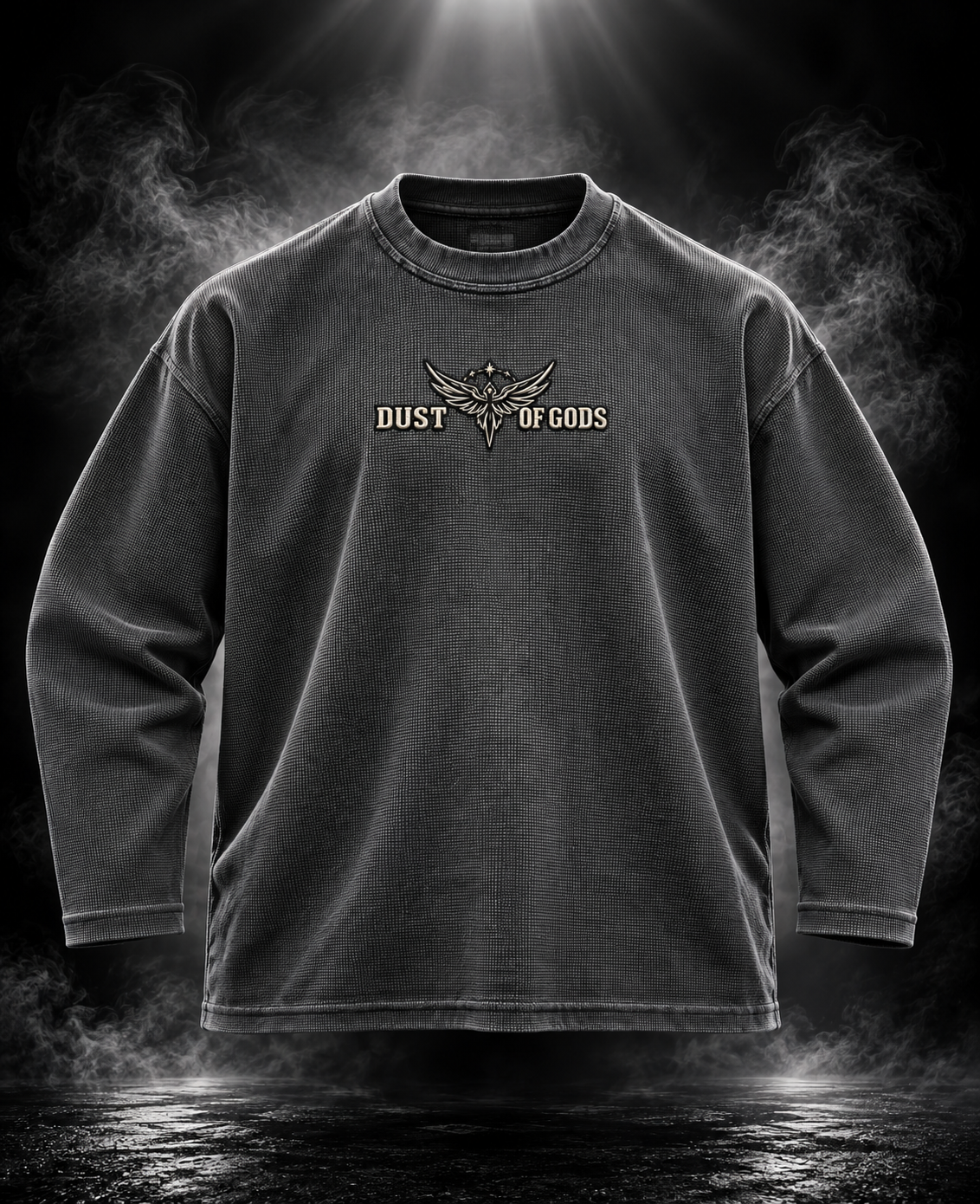 Originals acid wash charcoal oversized waffle unisex long sleeve T-shirt front with DUST OF GODS winged emblem