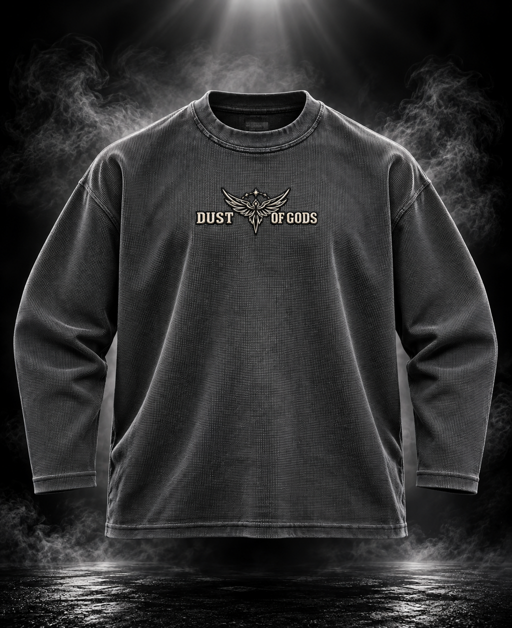 Originals acid wash charcoal oversized waffle unisex long sleeve T-shirt front with DUST OF GODS winged emblem