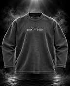Originals acid wash charcoal oversized waffle unisex long sleeve T-shirt front with DUST OF GODS winged emblem