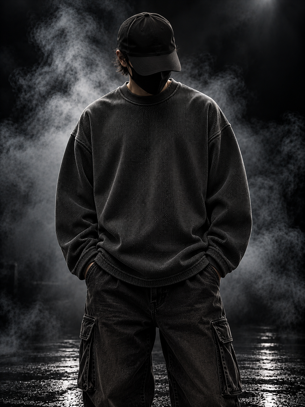 DUST OF GODS Originals black waffle-knit oversized unisex T-shirt styled front