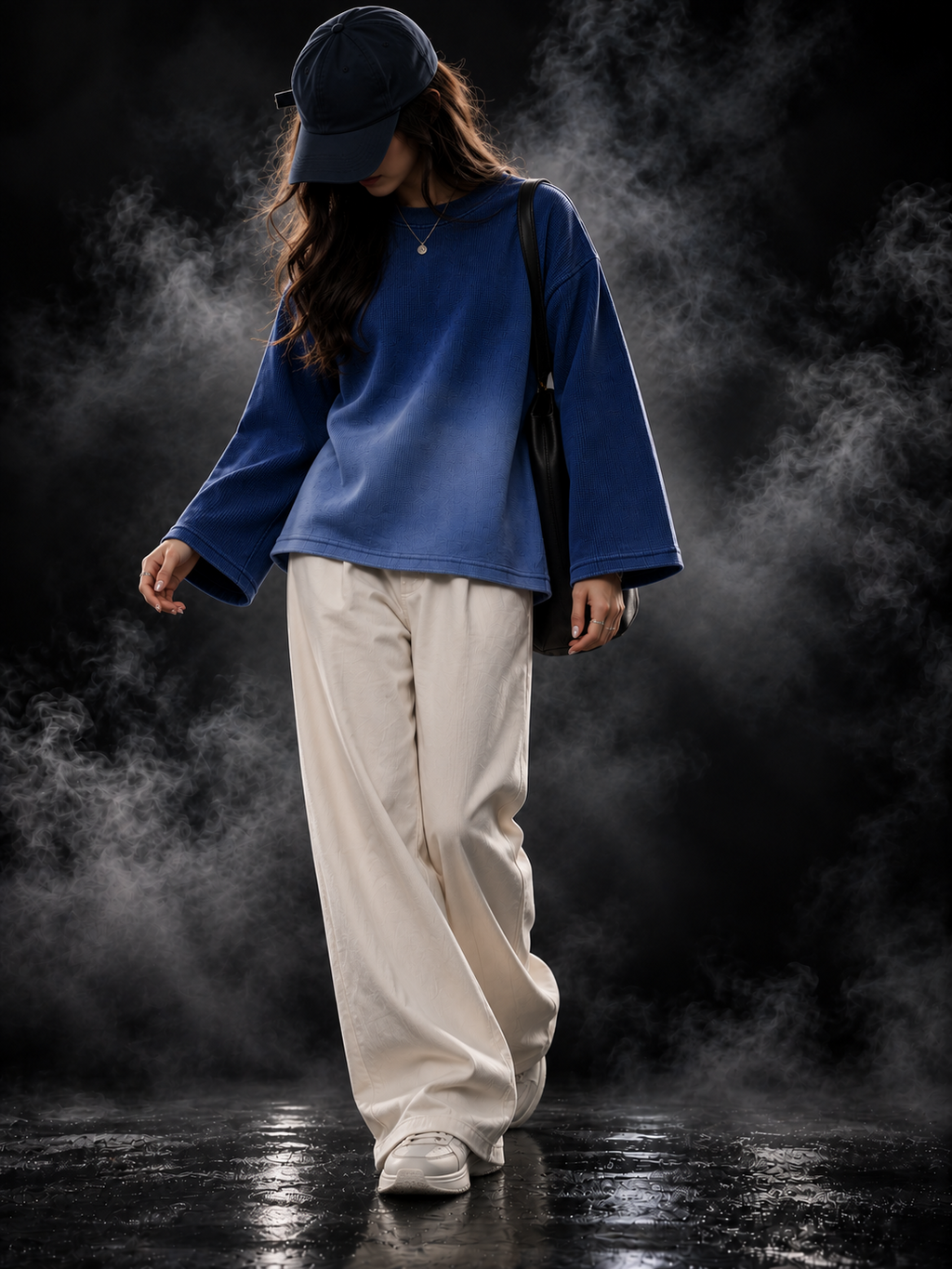 DUST OF GODS Originals blue waffle knit oversized full-sleeve T-shirt front view