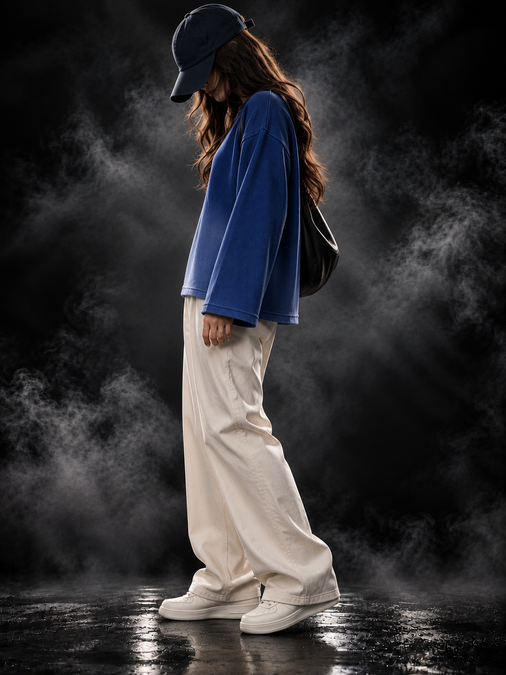 DUST OF GODS Originals blue waffle knit oversized full-sleeve T-shirt front on model