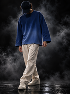 DUST OF GODS Originals blue waffle knit oversized unisex full-sleeve T-shirt styled on model