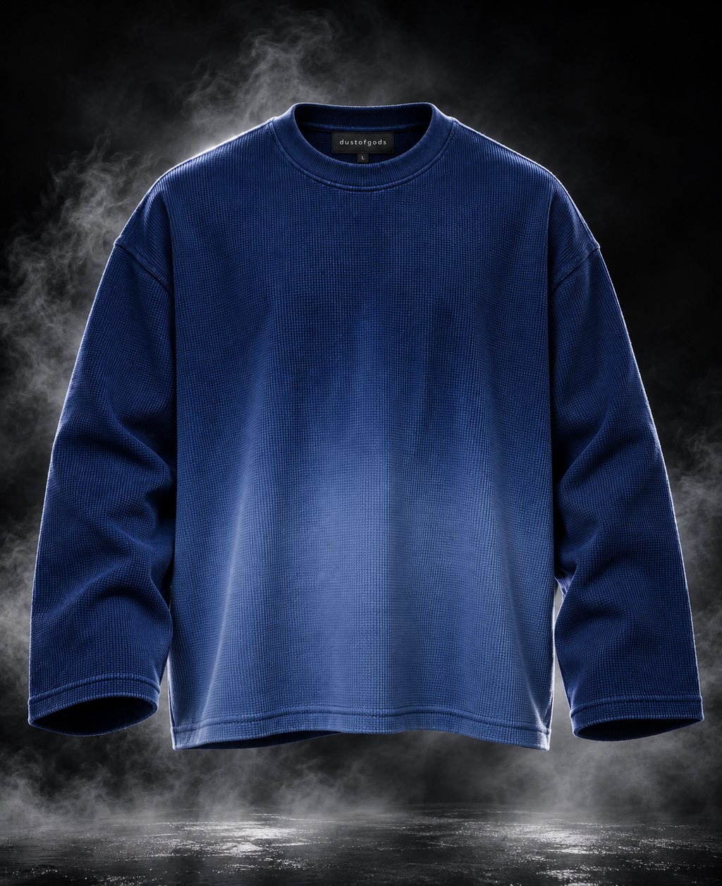 DUST OF GODS Originals blue waffle knit oversized full-sleeve T-shirt fabric texture