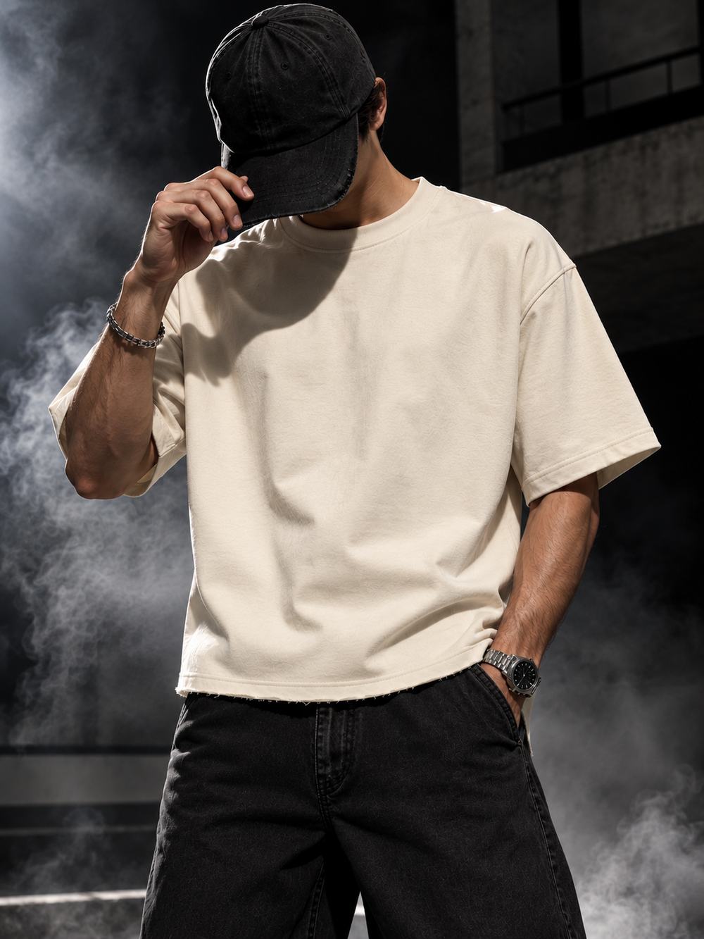 Model wearing Originals Off White Boxy Fit Unisex T-shirt