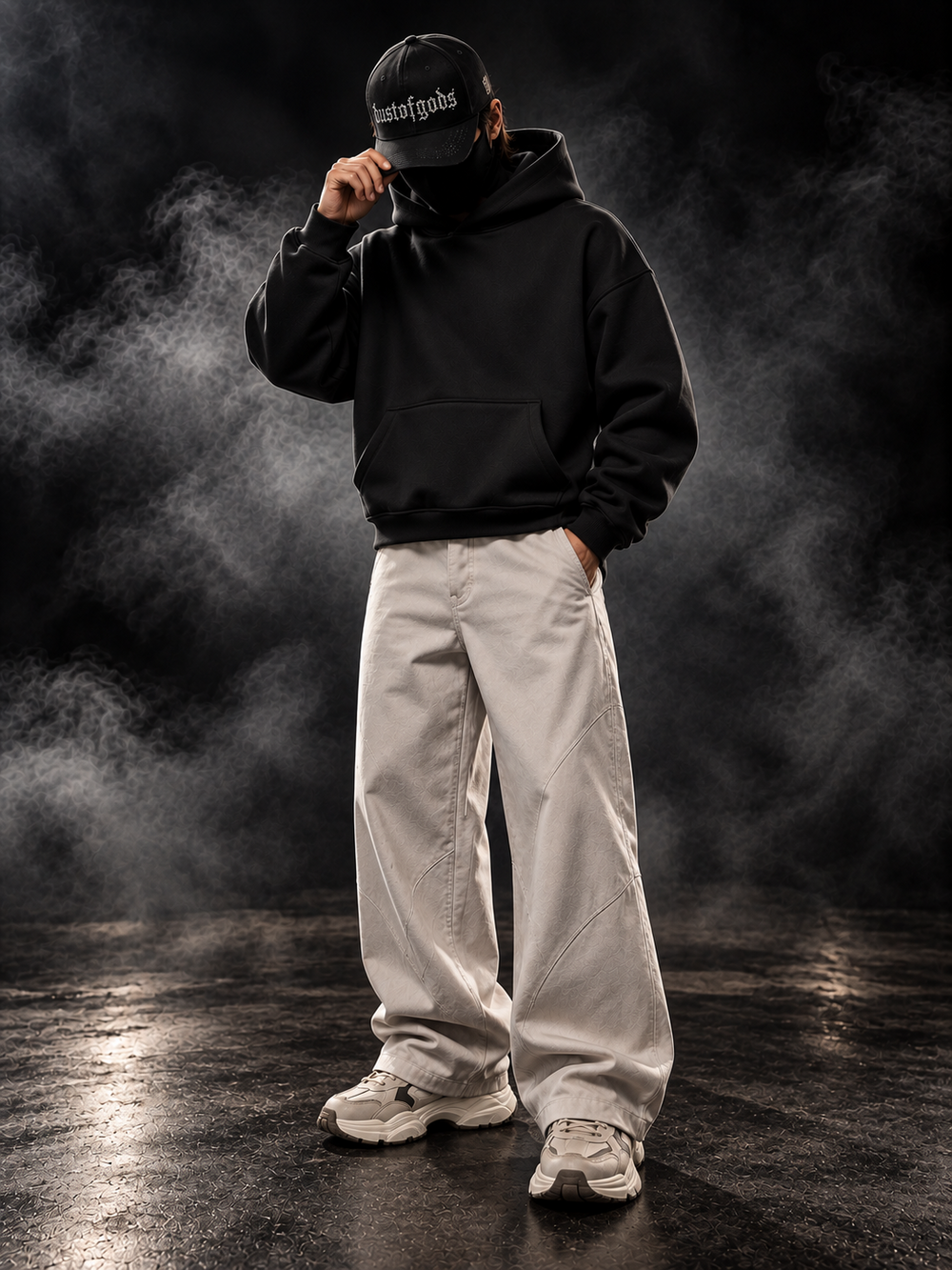 Originals Boxy Fit Unisex Black Hoodie styled on model with wide-leg trousers