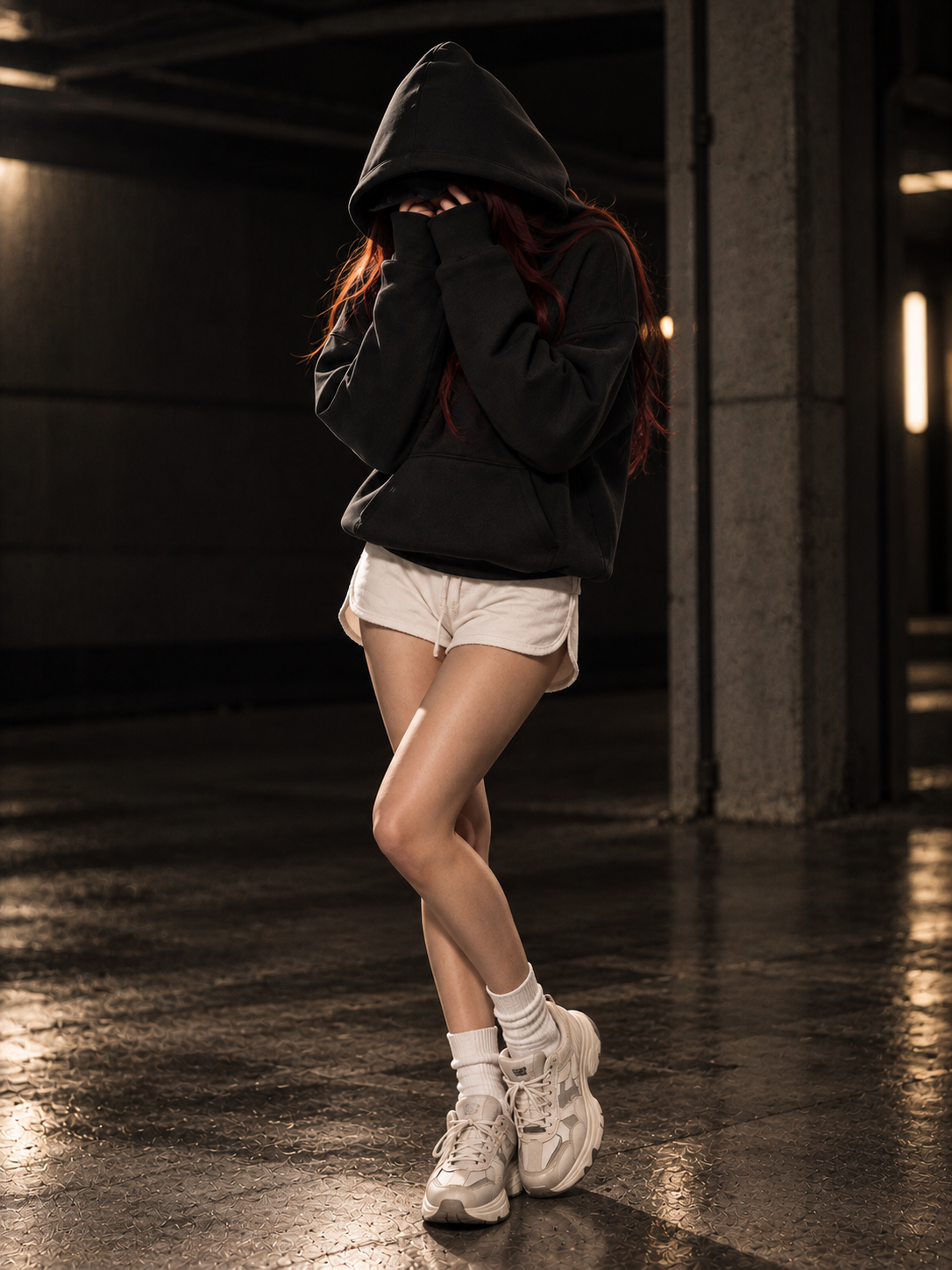Originals Boxy Fit Unisex Black Hoodie styled on model with white shorts