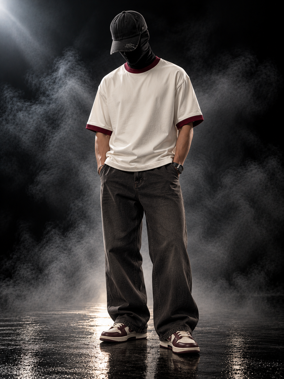 Model wearing Originals Contrast Rib Off White and Maroon Ringer T-shirt