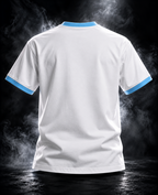 White Originals contrast-rib unisex T-shirt, back view with sky blue rib trim