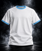 White Originals contrast-rib unisex T-shirt, front view with sky blue rib trim and dustofgods neck label